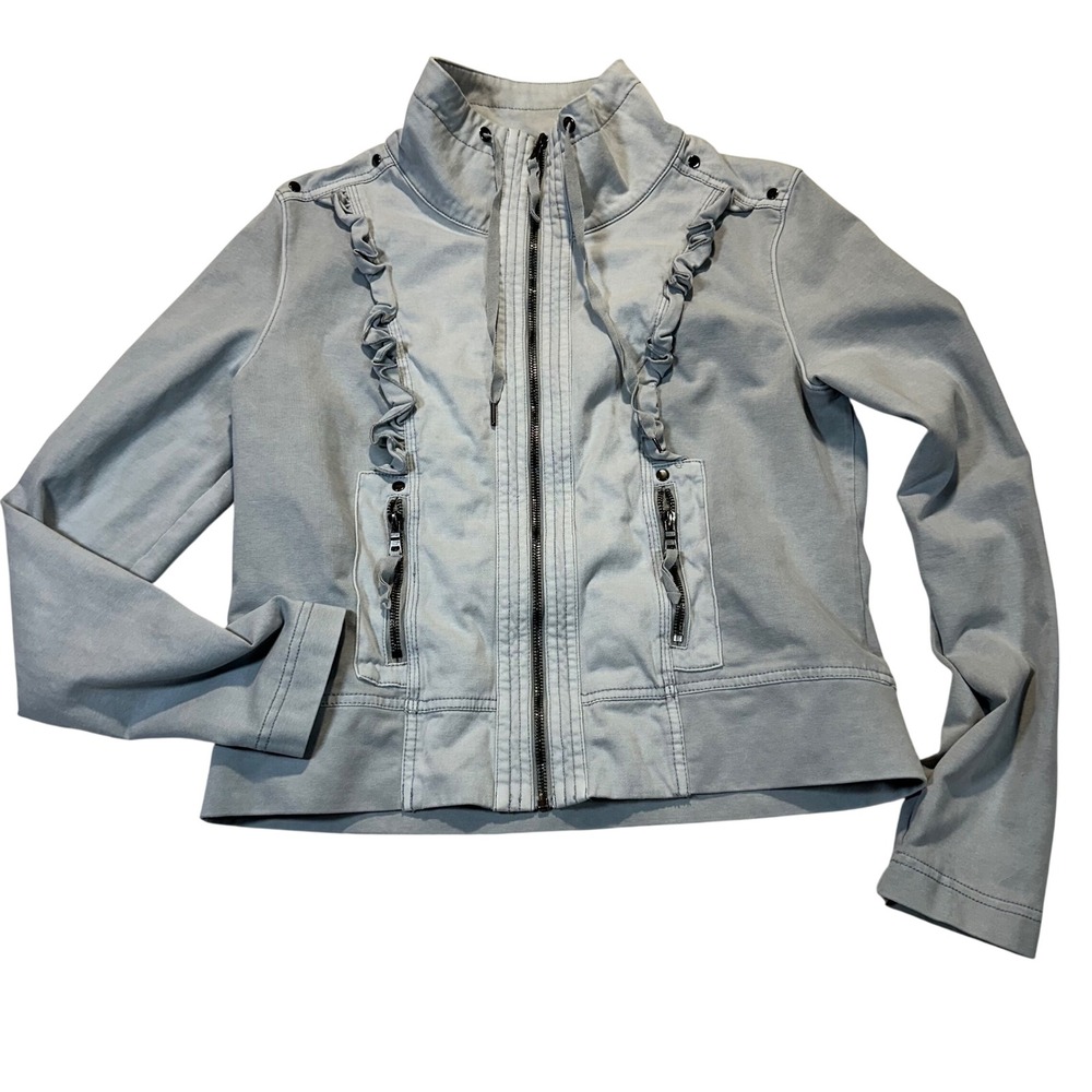 Marrakech Ruffle Zip Jacket Womens L Gray Military Utility Shacket Boho